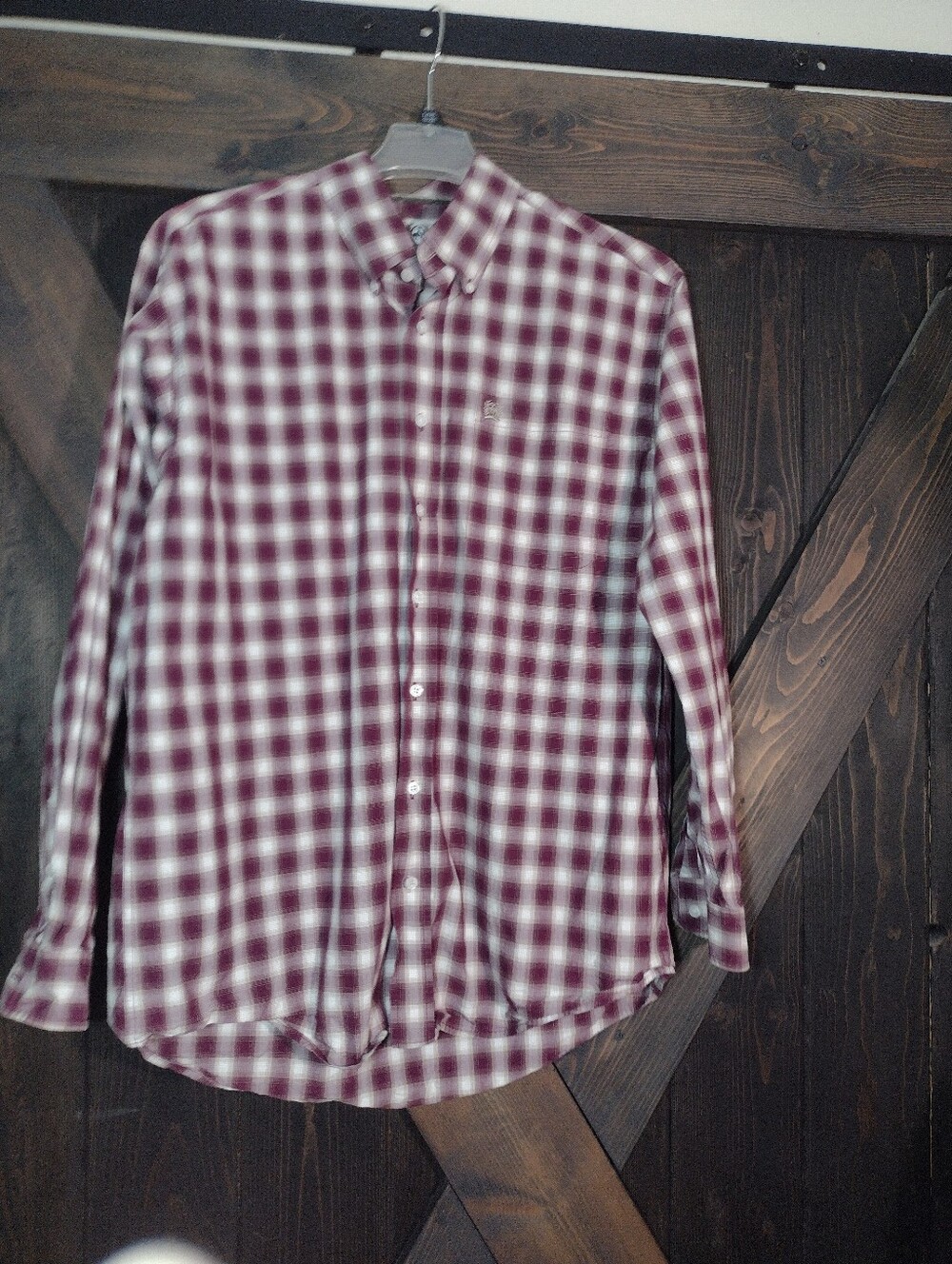 Men's Burgundy and White Check Button-Down Shirt Sz Medium